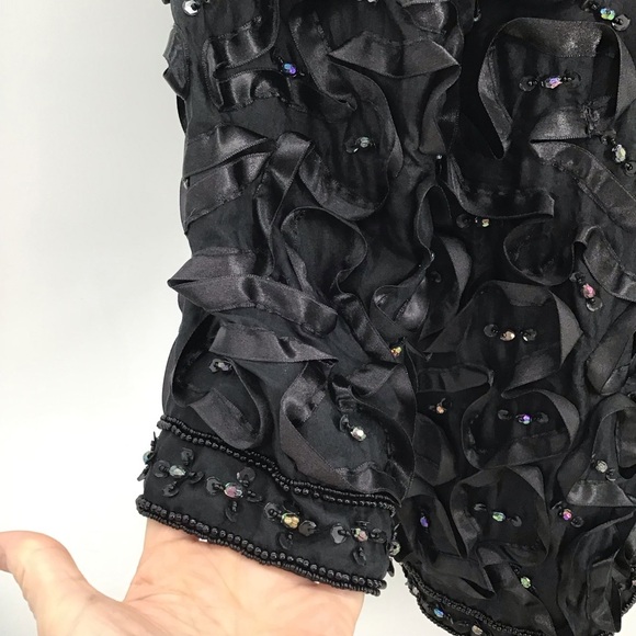 Tan Chho Vintage Beaded Sequined Silk Jacket Ribboned Detail Party Blk Size 2X - Picture 4 of 6